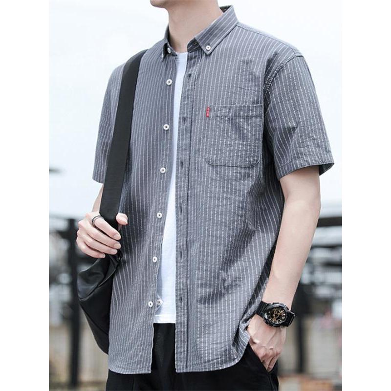 Camisa de manga curta masculina verão solto camisa de algodão Casual na moda listrado meia manga roupas masculinas 2025 