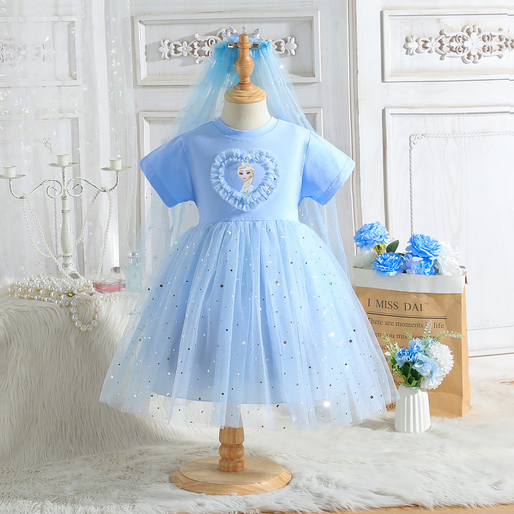 Estoque pronto frete grátis vestido infantil meninas vestido de manga curta vestido de princesa Elsa verão novo estilo v