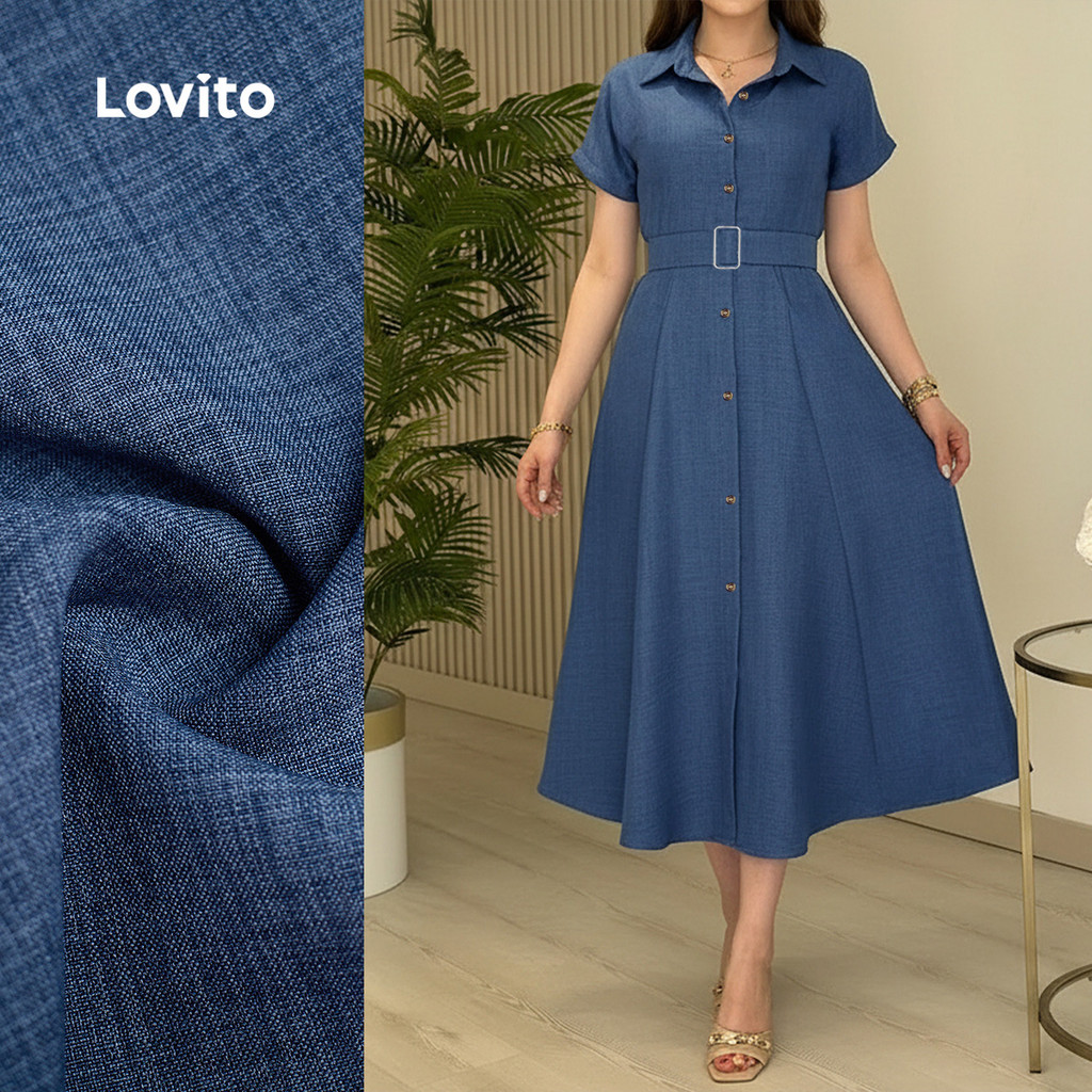 Lovito Vestido Casual Azul Escuro de Manga Curta Feminino Botão Frontal com Cinto para primavera/verão LBL35190