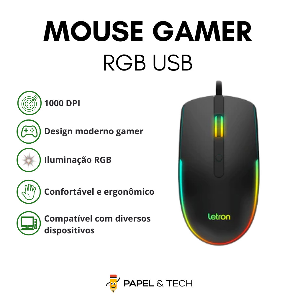 Mouse Gamer RGB USB 4 Botões 1000 DPI LED Colorido Compatível PC Notebook JK 1604A R8