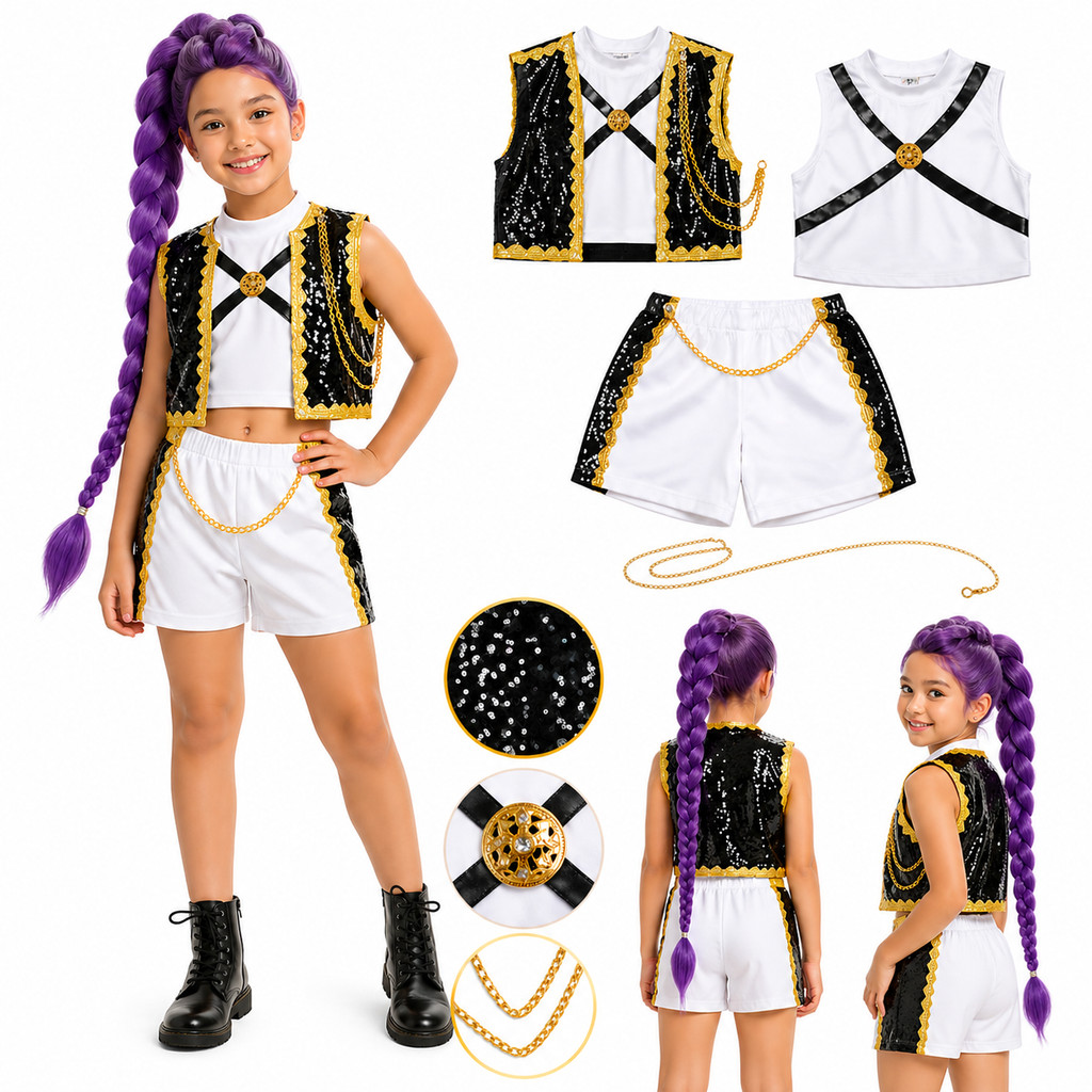 Fantasia Infantil Kpop Guerreira Demon Hunters – Roupa Completa Brilho Lantejoulas | Show Festa Cosplay