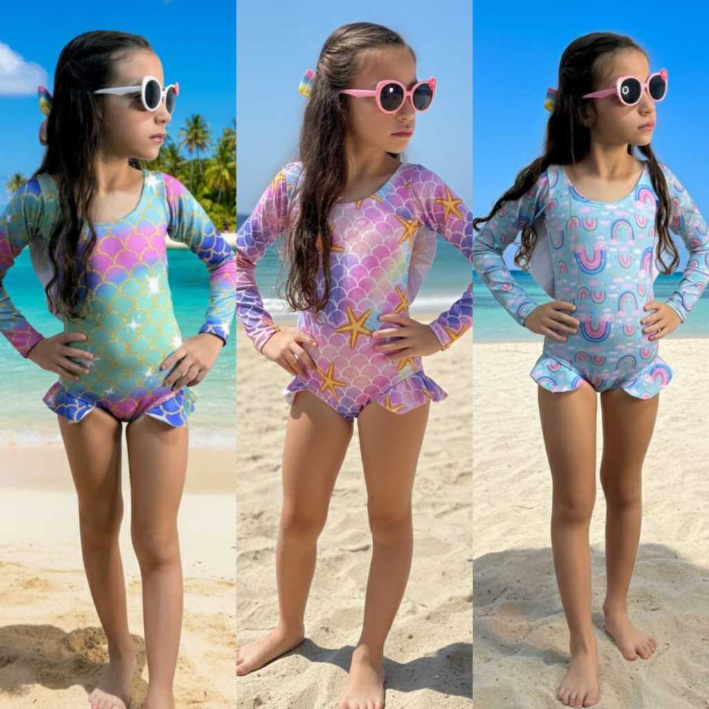 Maiô Infantil Menina UV 50+ Manga Longa Estampado Praia Piscina 1 a 10 Anos Proteção Solar Top