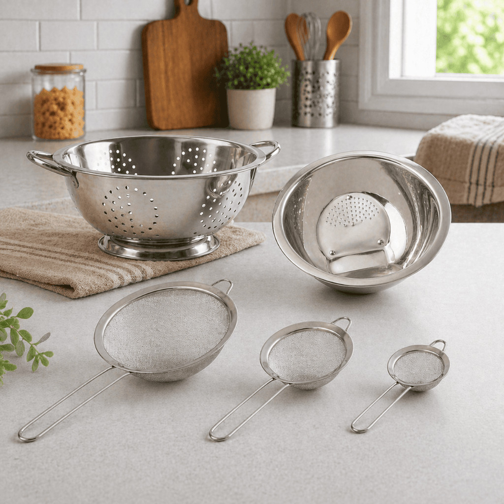 Kit 5 peças Escorredor De Arroz + Escorredor De Macarrão E Massas + 3 Peneiras Em Aço Inox