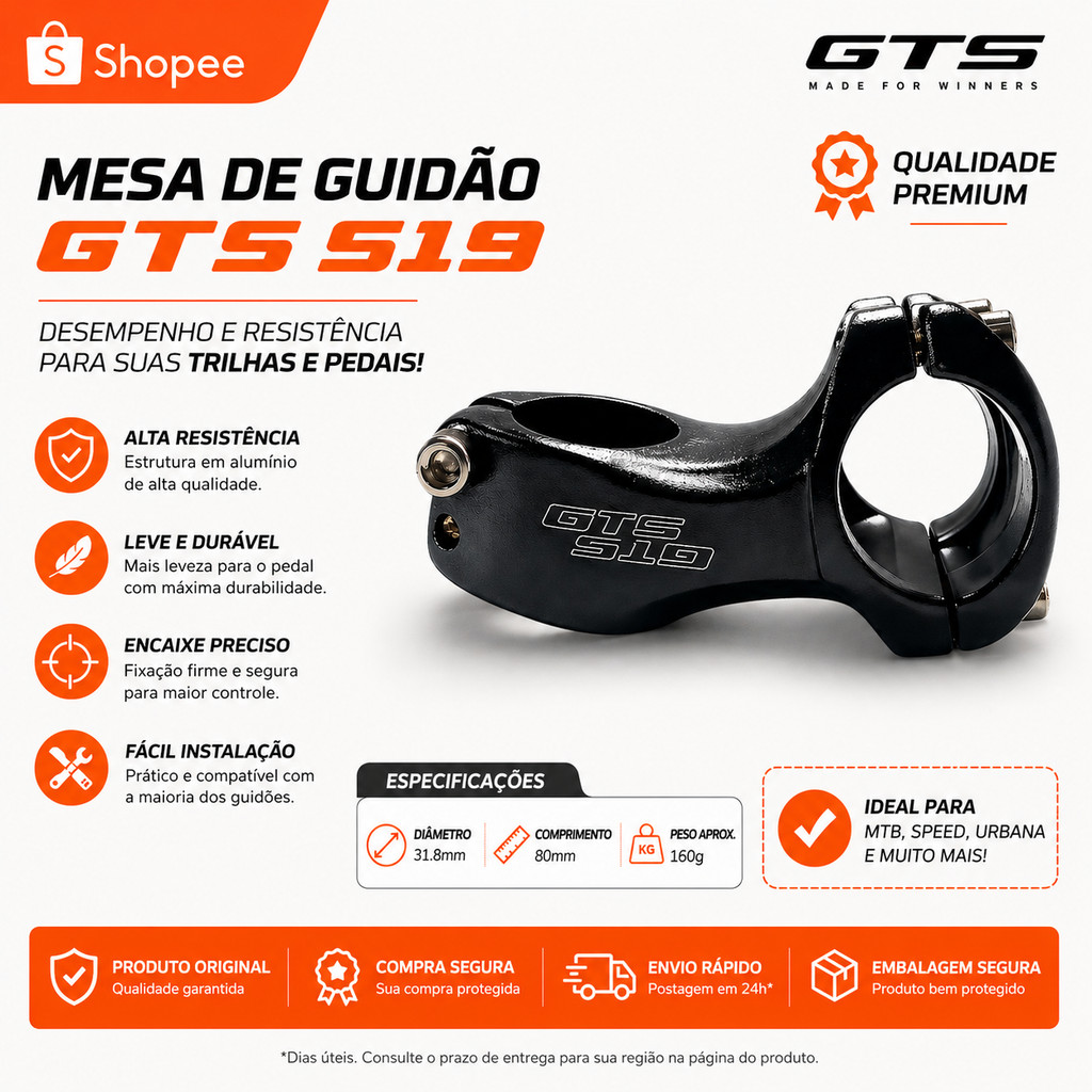 Mesa avanço suporte de guidão GTS 31.8x80x17graus negativa de aluminio preto MTB/Speed