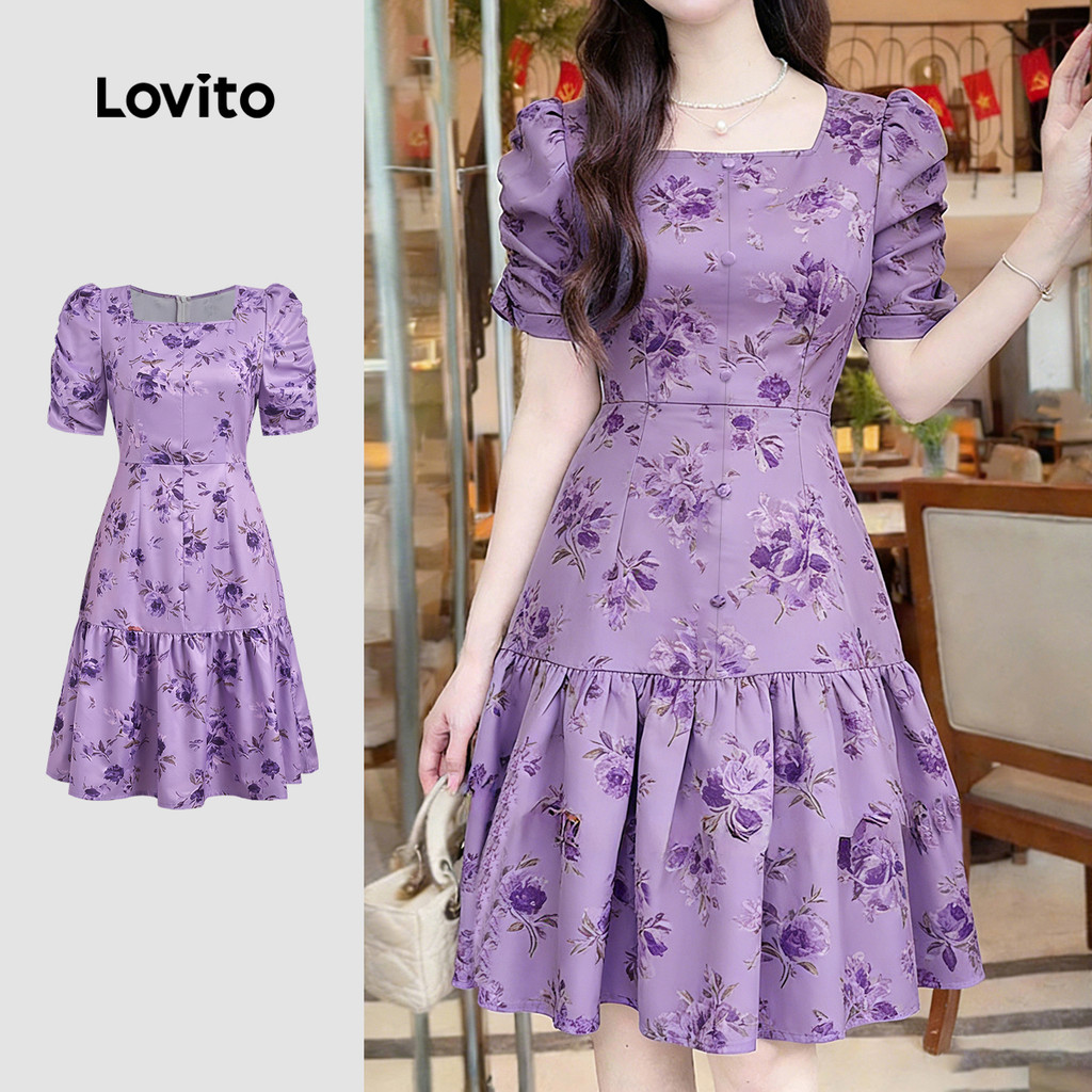 Lovito Floral Elegante Vestido com Babado Na Barra Estampa Primavera/verão Roxo 