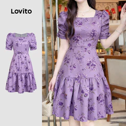 Lovito Floral Elegante Vestido com Babado Na Barra Estampa Primavera/verão Roxo para Mulheres LK5ED988