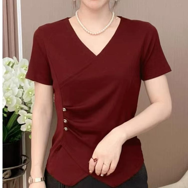 2025 Moda Irregular High-End Wear Nicho Redutor de Idade Top Slimmer Look Camiseta de Manga Curta