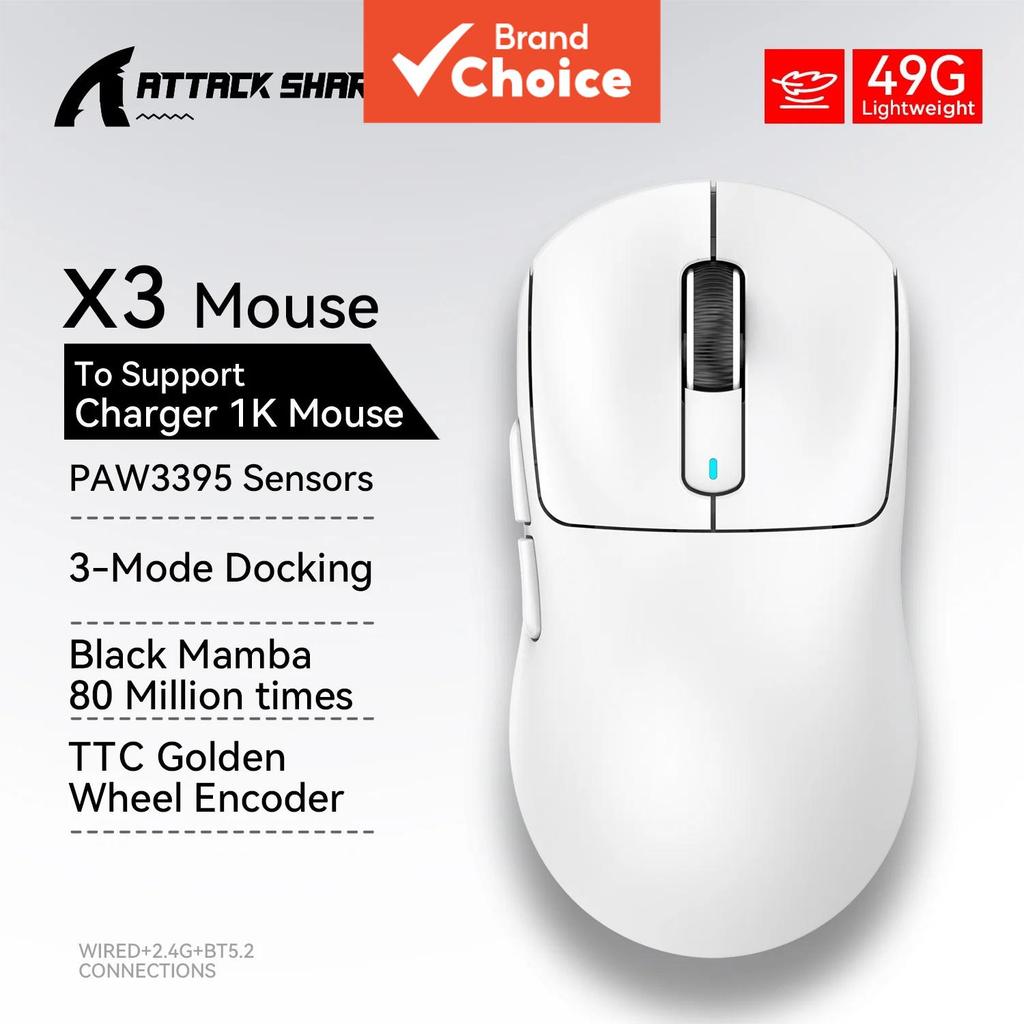 Mouse Gamer Sem Fio Attack Shark X3 Tri-Modo Paw3395 26000DPI Ultra Leve Design de Botão Programável