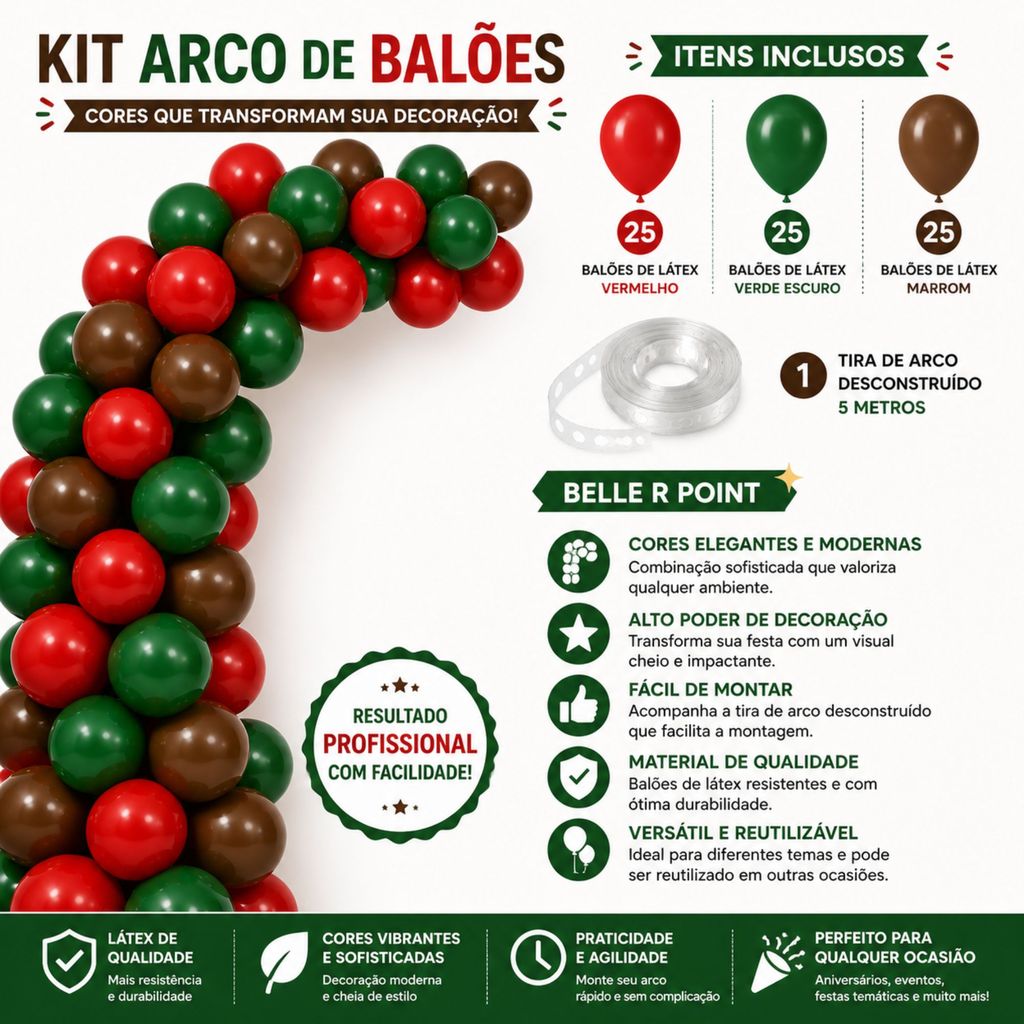 Detalhes do Balão Bexiga Látex 9 Pol - 75 Unds, Balão Vermelho, Verde Escuro, Vermelho + Tira Arco Desconstruído - Balão Aniversário