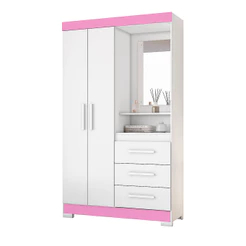 Guarda-Roupa Solteiro para Quarto 5170 com 2 Portas 3 Gavetas Compacto Moderno Branco Rosa - Notável