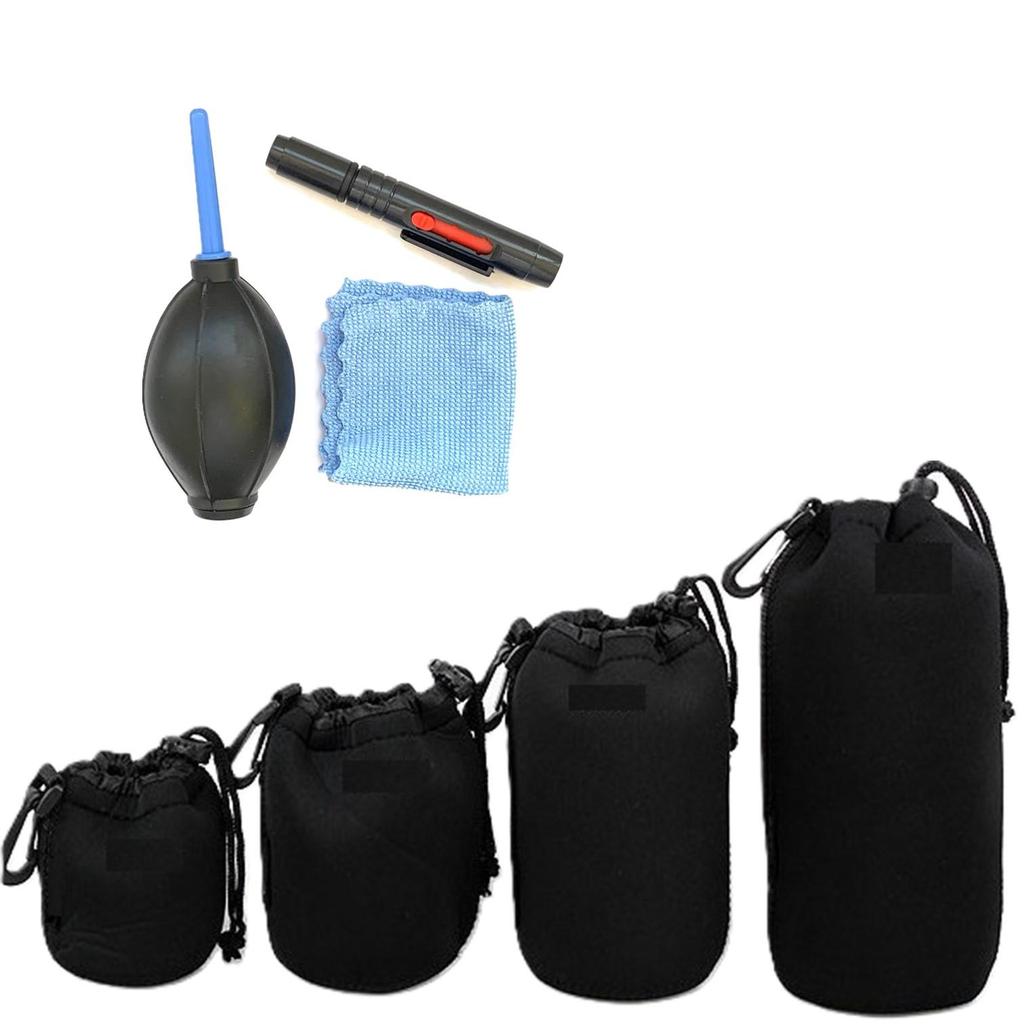 Kit 4 Estojos  Bag Para Lentes Profissionais + Kit Limpeza 3x1 Soprador Pincel E Pano Pro