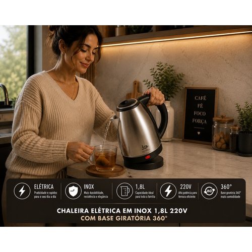 Chaleira Eletrica Inox Capacidade18Litros Base Design Moderno Potencia 220v pido Aquecimento