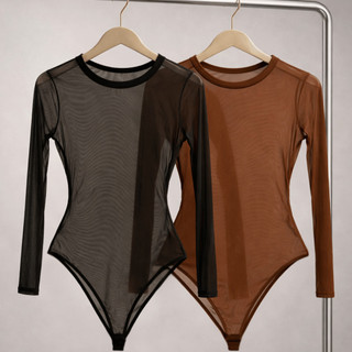 Conjunto Com 1 ou 2 Body Tule Feminino Manga Longa Transparente