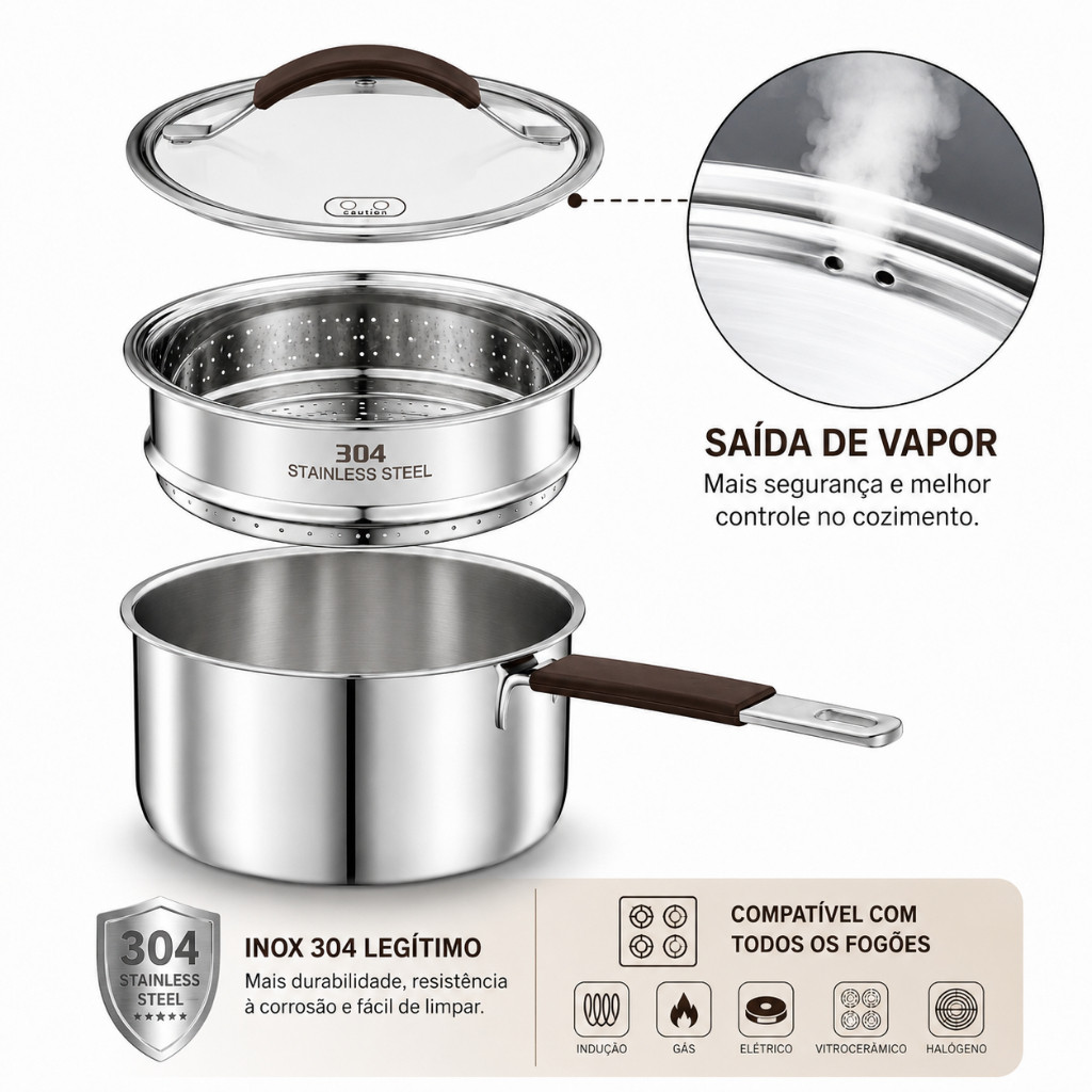 Panela Inox 304 18cm Base Tripla 2L Todos Fogões