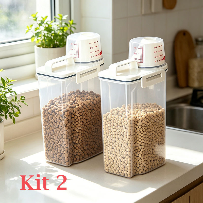Kit com 2 Potes de Armazenamento Transparentes, Ideal para Ração de Cachorro e Gato, Grãos Diversos