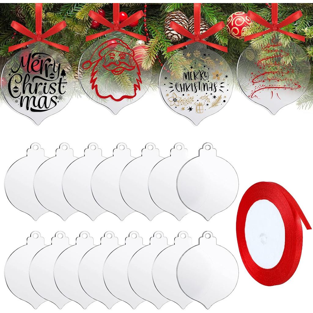 Marsui 25 Clear Acrylic Christmas Ornaments, Heart Shaped, DIY Tag Blank 3 Inches 0.08 Inch Thick 72 Feet Red Ribbon Chr
