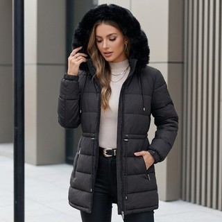 Parka Casaco Feminino Puffer Bobojaco Pelúcia Inverno Capuz Pelinhos Manga Longa