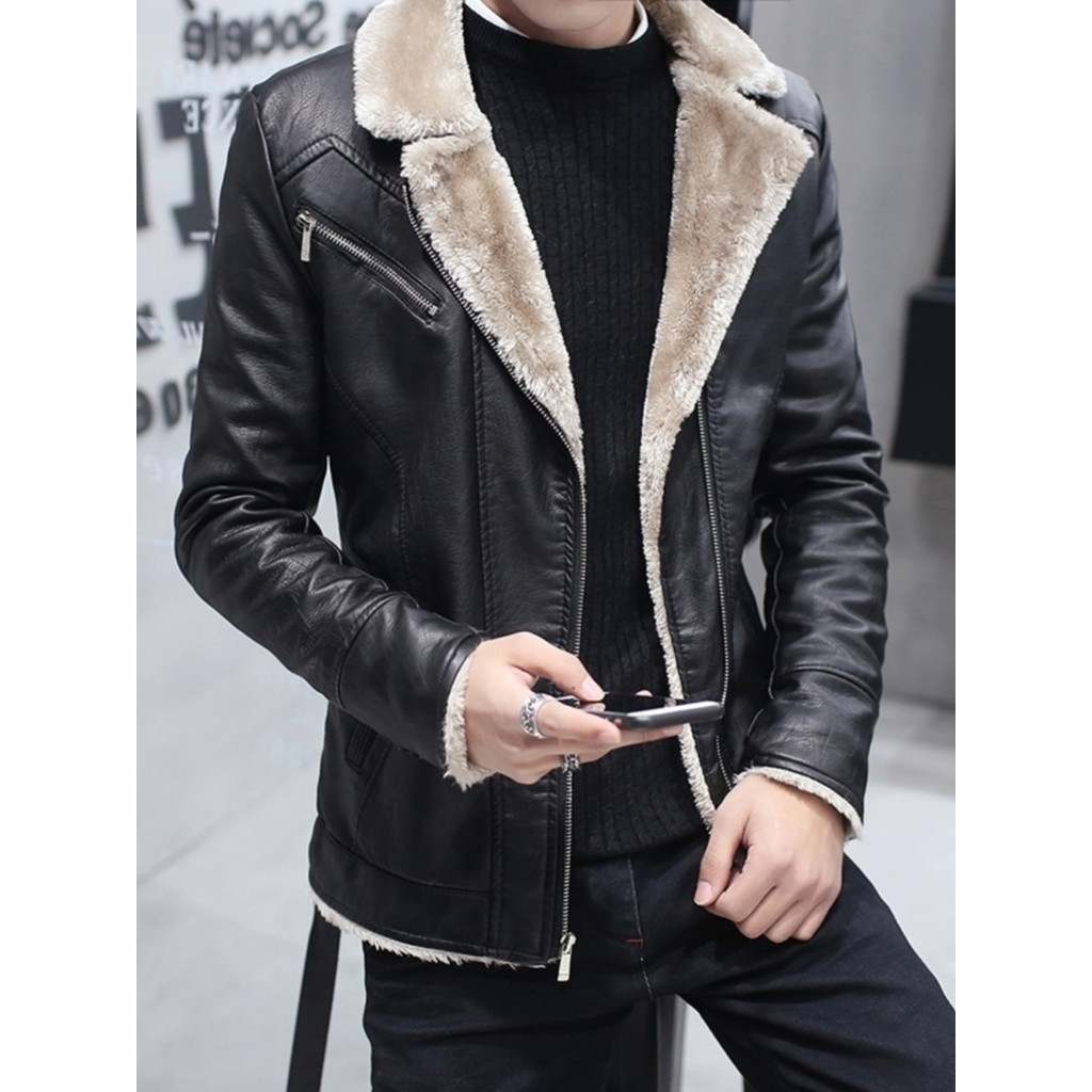 Lã de cordeiro lapela motocicleta jaqueta de couro masculino inverno novo estilo na moda magro-ajuste bonito pele de uma