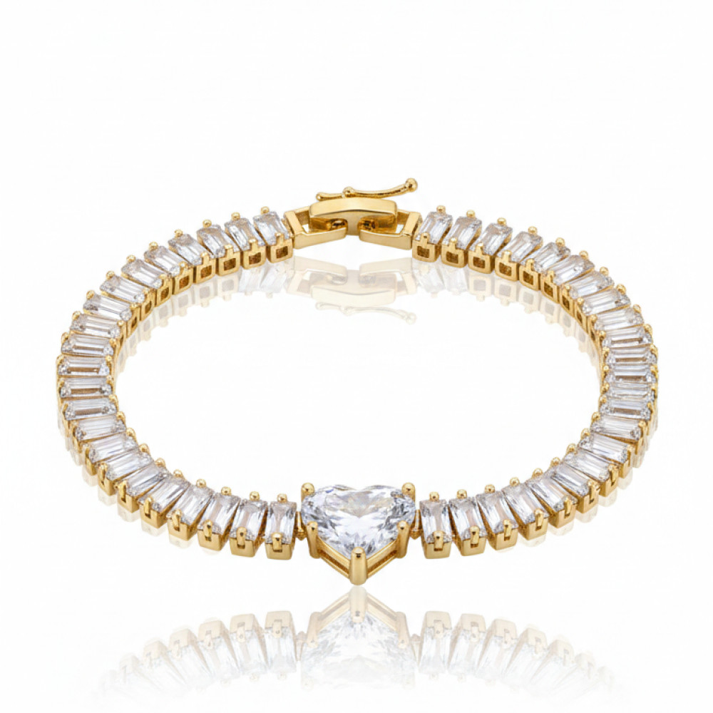 Pulseira Riviera em Formato Baguete Segmentada Zircônia Cristal | Feminino | Banhado Ouro 18K | Antialérgico | Semijoia