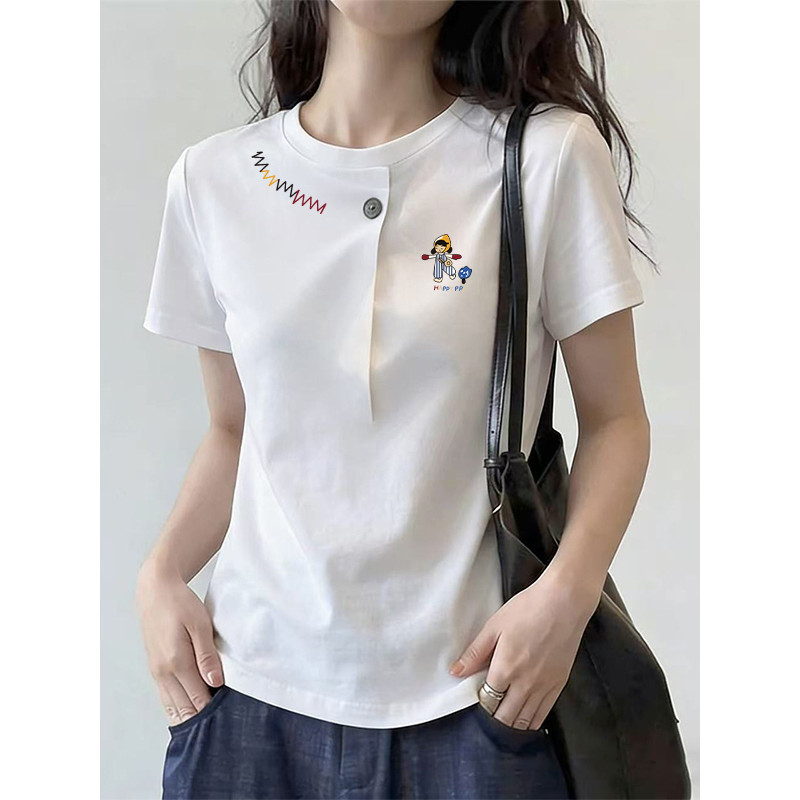 Design branco sentido Pellet botão de manga curta camiseta feminina 2026 verão novo desenho animado impresso em torno do