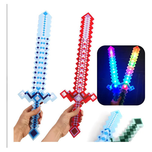 Kit 2 Espadas Minecraft Grande 60cm Bloco Gamer Led E Som Mi Kit 2 Espadas Sortidas 
