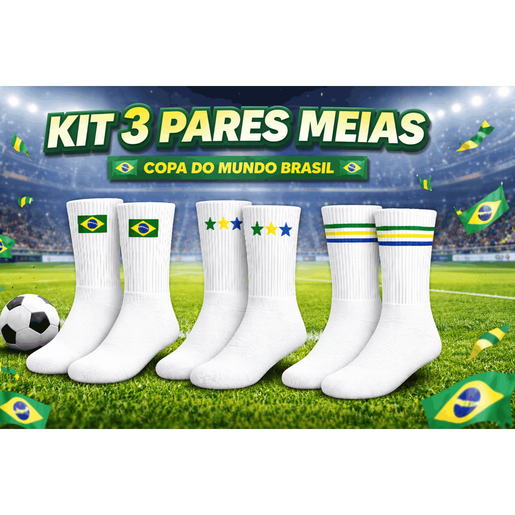 Meia  Infantil Canelada Copa Do Mundo Brasil  - Kit C/ 3 Pares Branco