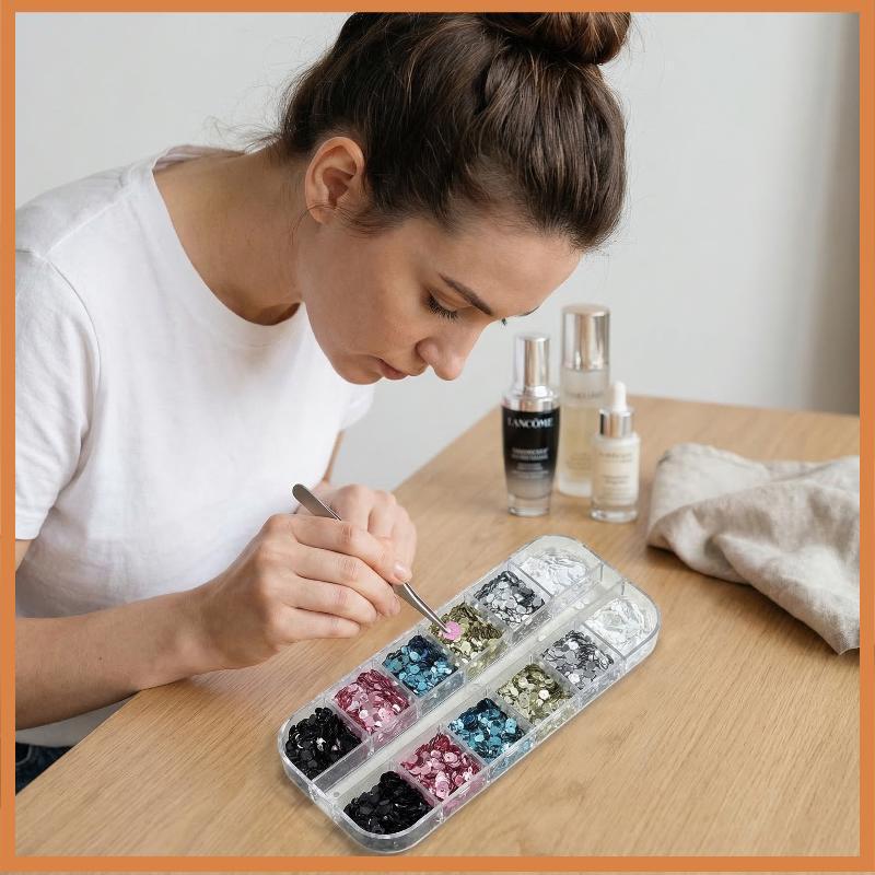 [BG] Conjunto De 12 Grades De Glitter Para Unhas , Mini Flores Coloridas , Lantejoulas Arte Em Salão De Beleza E Designs