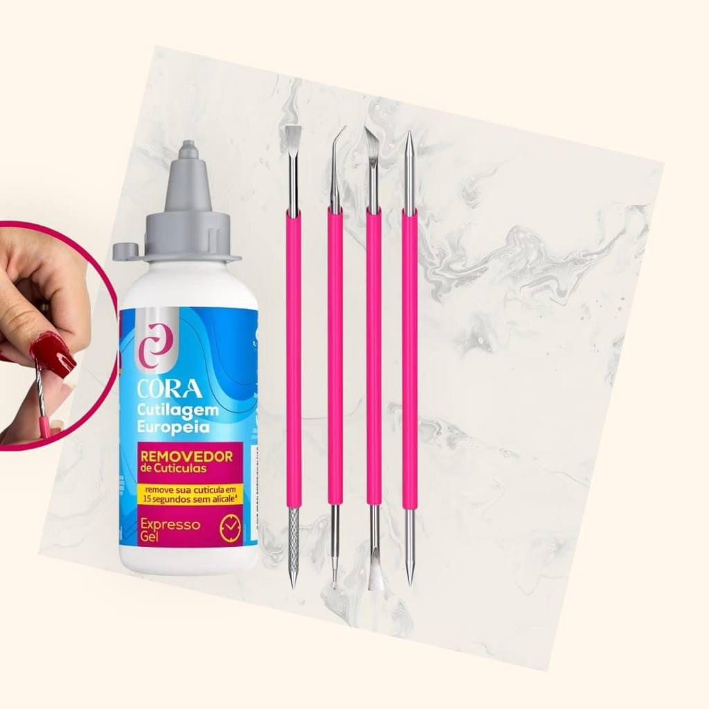 Kit Profissional Manicure 5 Iténs: Removedor Cutícula Gel Cora + 4 Espátulas Silicone Slim