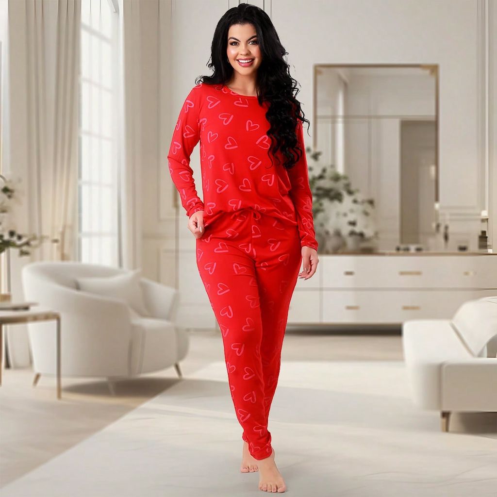 Pijama Feminino Coração de Suede Calça e Blusa Manga longa Inverno REF:PJCO