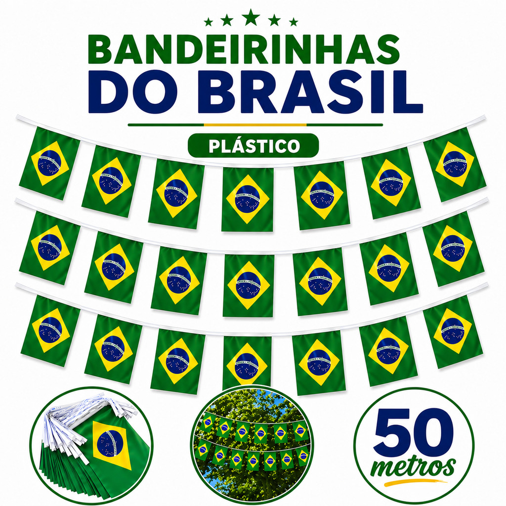 Bandeirinhas do Brasil Decoração Copa do Mundo 2026 Varal de Bandeiras Plástico