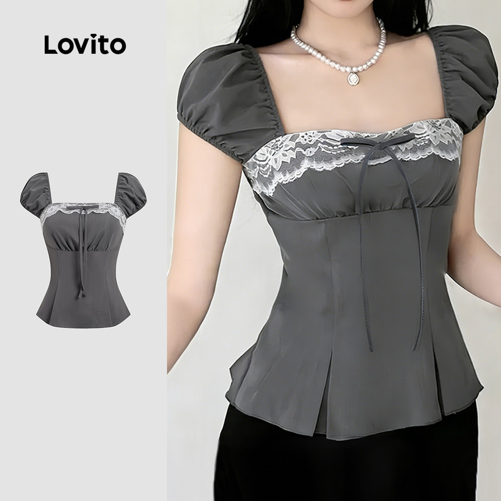 Lovito Blusa Casual de Renda Laço Bloco de Cores Primavera/verão Cinza para mulh