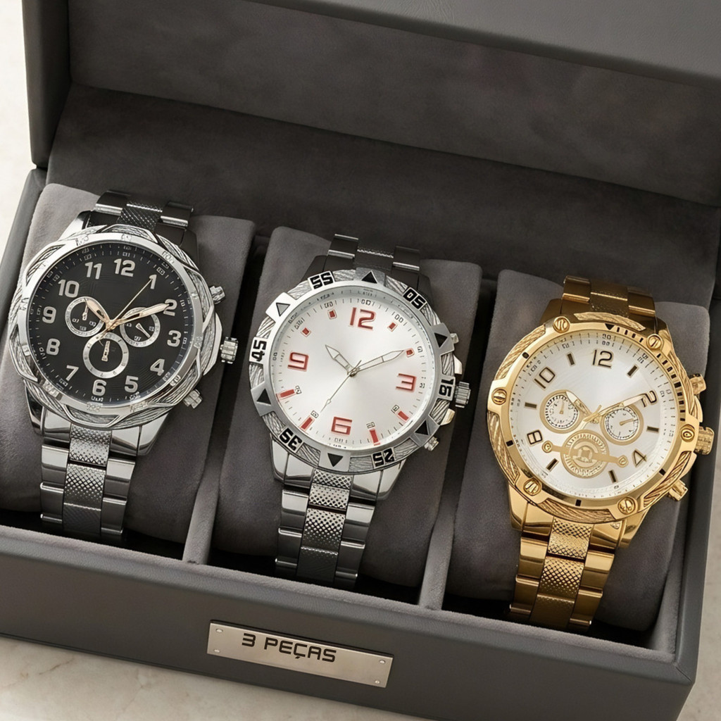 Kit 3 Relogios Masculino Pulseira Em Aço Inox  Analogico Elegante Social Luxo