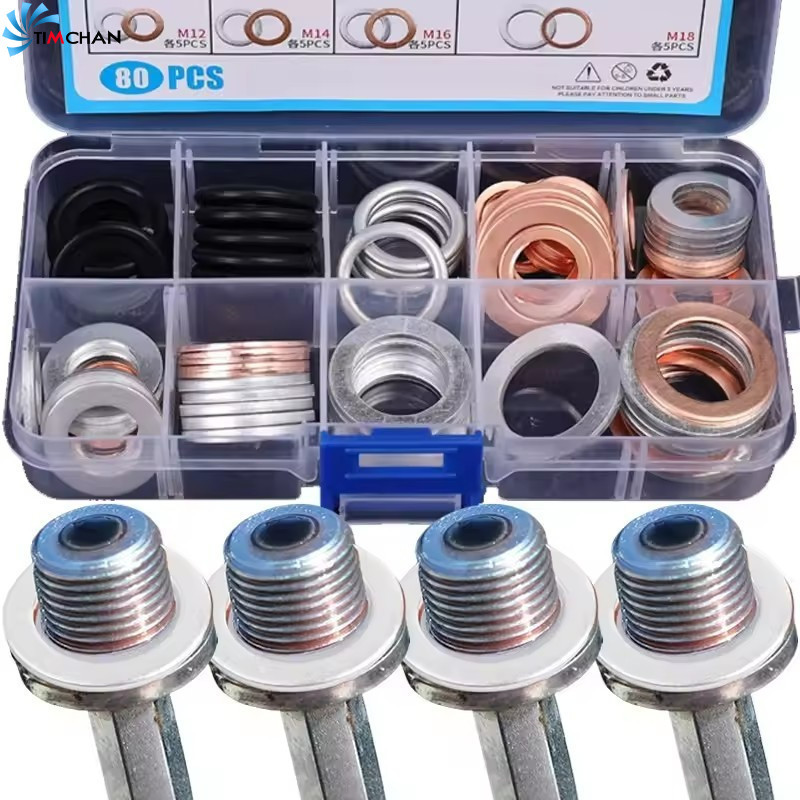 [Brilhante] Kit De Junta De Drenagem De Óleo De Carro 80 Unidades-Anel De Vedação-Plugue-Arruela Do Cárter Motor-Resistê