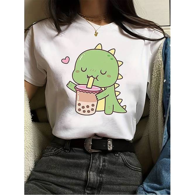 Camiseta Feminina Dinossauro Fofo Estampado Redonda Manga Curta Confortável Fofa Divertida Casual