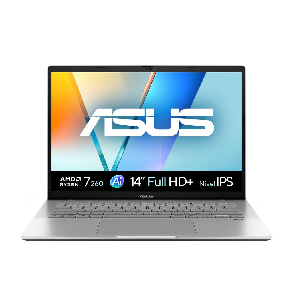 Notebook ASUS Vivobook S14, AMD Ryzen™ 7 260, 16GB, 512GB SSD, Windows 11 Home, 14" LCD LED Nível IPS, Cool Silver