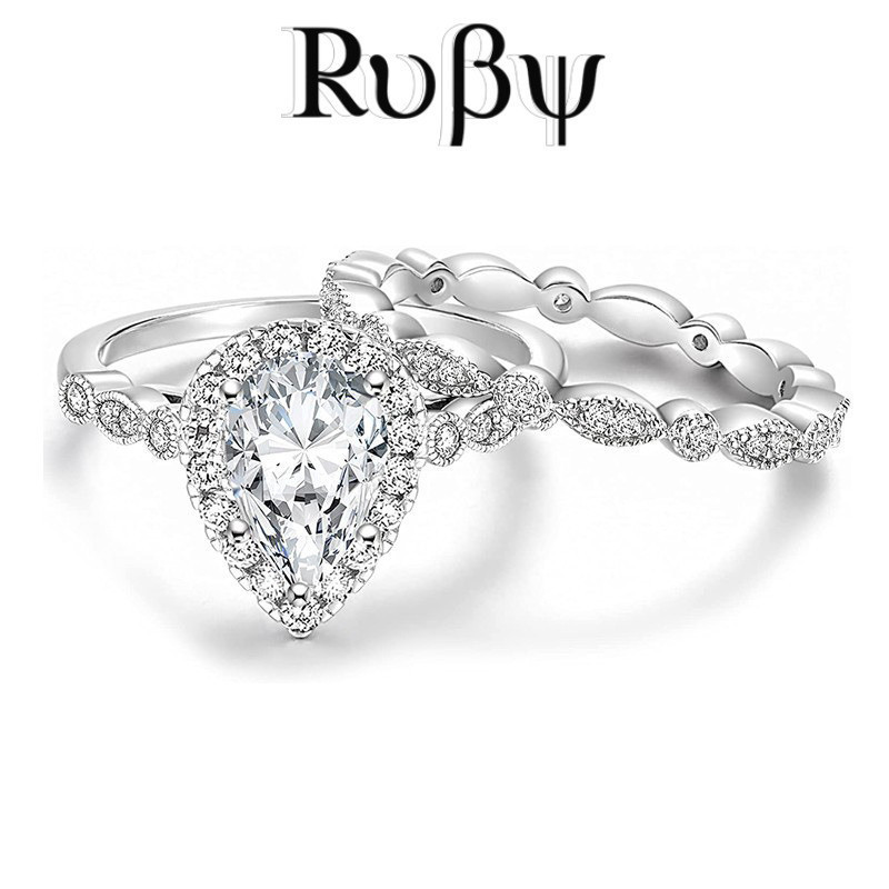 Rubi * europeu americano Retro cavalo olho anel gota de água forma pêra casamento dois conjunto anel clássico Design sim