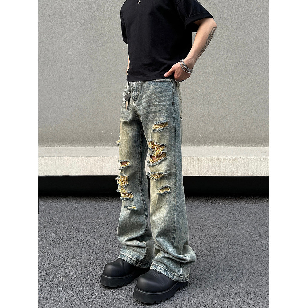 Americano High Street amarelo lama rasgado Jeans masculino verão em linha reta mais magro olhar ligeiramente mendigo cle