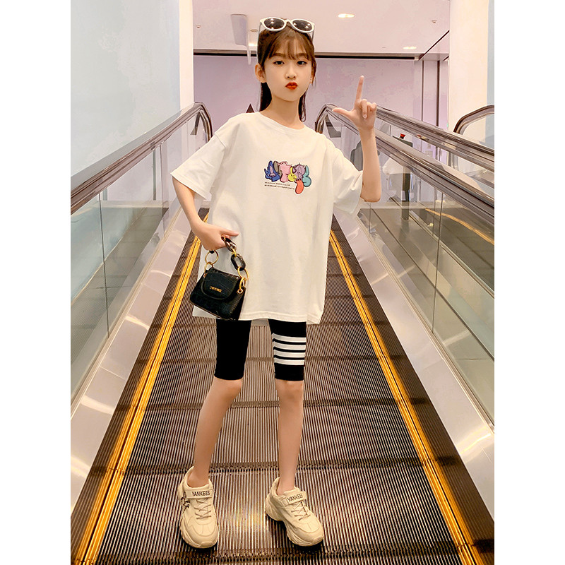 Meninas camiseta de manga curta 2026 verão solto estilo ocidental terno versão coreana puro algodão meia manga crianças 