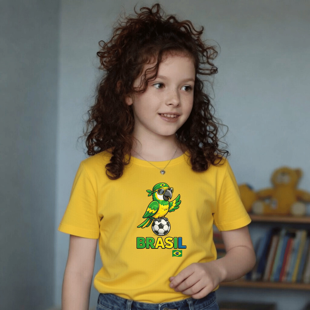 Camiseta Infantil Estampada Criança Papagaio Brasil Copa  100% Básica Manga Curta Unissex Masculina e Feminino Básica