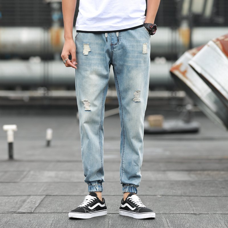 Street Wear japonês rasgado lavado Jeans calças quatro estações All-Match Casual manguito cordão calças magras calças ma