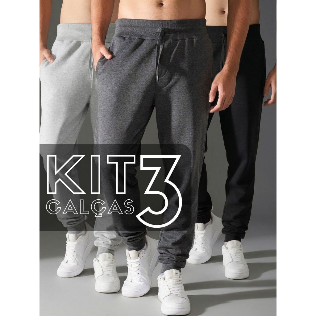 Kit 3 Calças Moletom Masculina Casual Esporte Academia com Cadarço e Bolso lateral Jogger