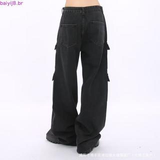 Calça Cargo Jeans Pantalona Feminina Moderna Com Bolsos Cintura Alta Lançamento
