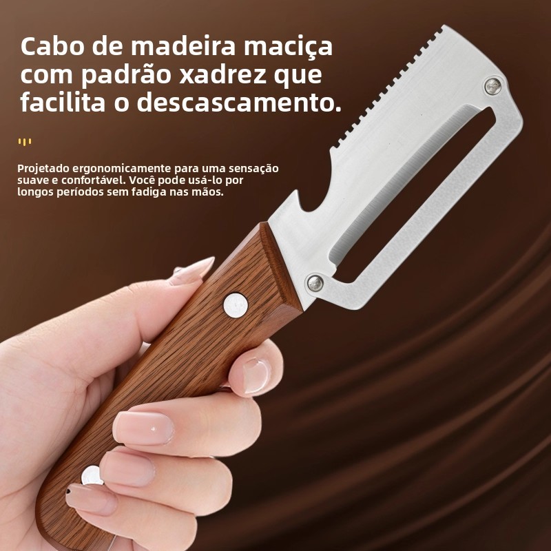 Faca multifuncional para descascar com cabo de madeira, faca de aço inoxidável para descascar cana-de-açúcar, descascado