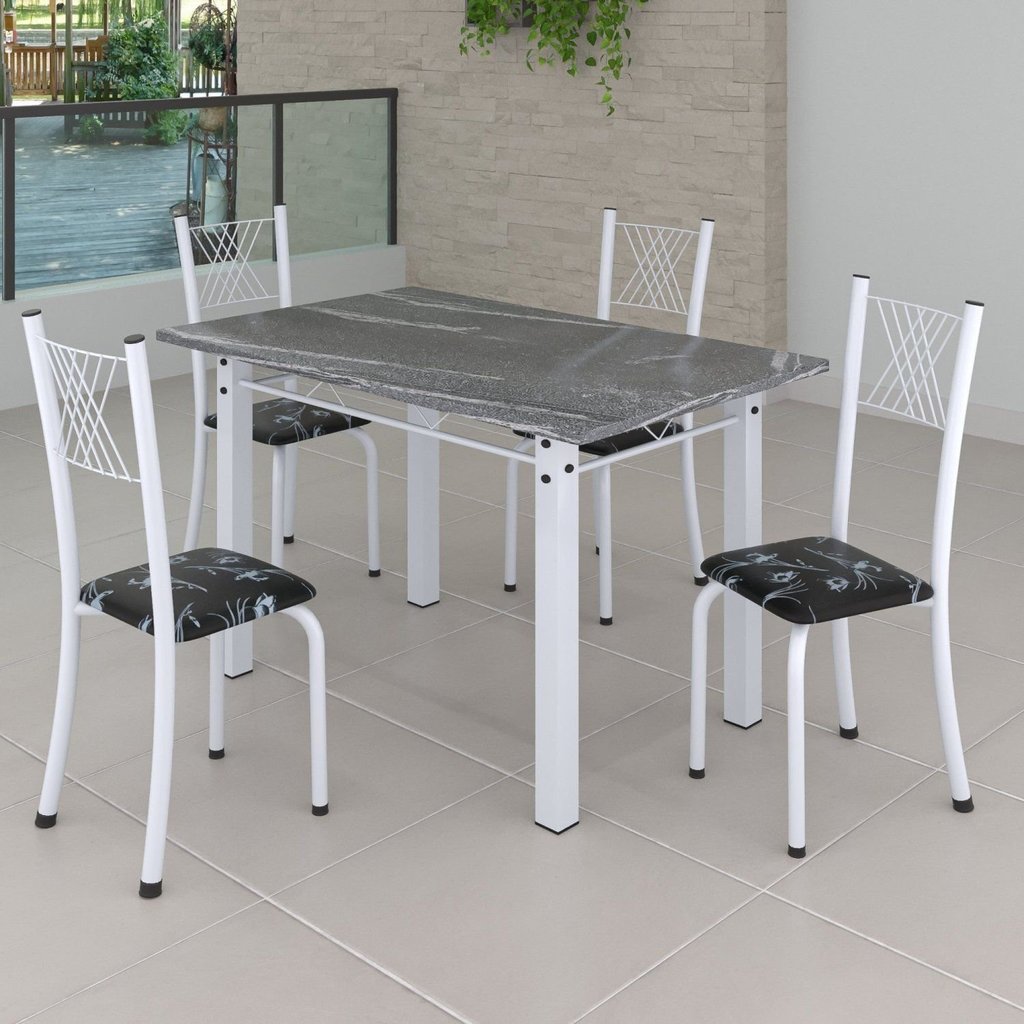 Conjunto de Jantar Mesa 120x75cm Tampo de Granito Topázio com 4 Cadeiras Sara Yescasa Branco/Preto Floral Branco/Preto