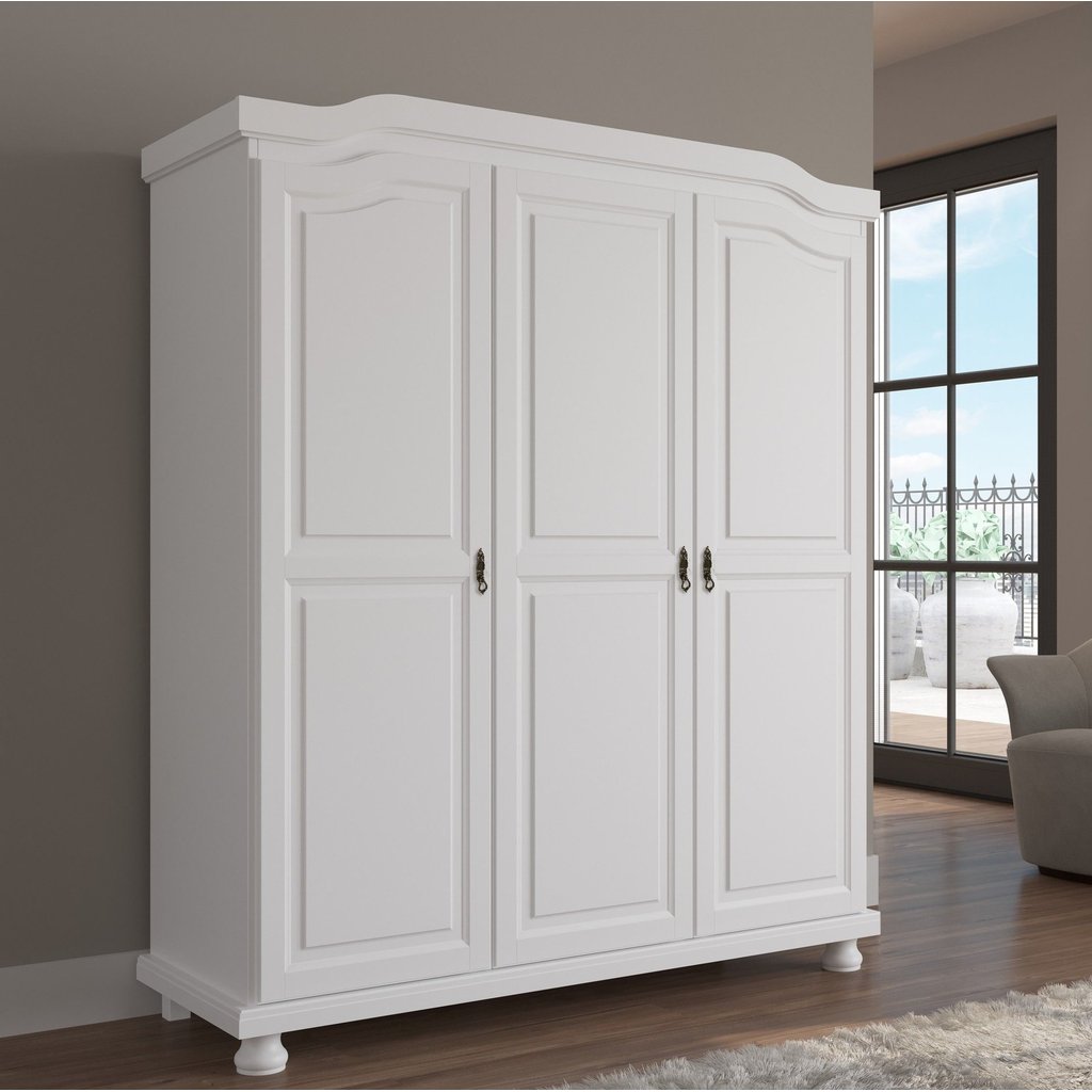 Guarda-Roupa Solteiro 3 Portas 4 Prateleiras Madeira Maciça Provençal Bastian  Branco Lavado