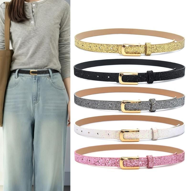 Cinto Lantejoulas Cintilante CINN Para, Couro PU, Fivelas Pino, Cintura Skinny Escritório, Roupa D