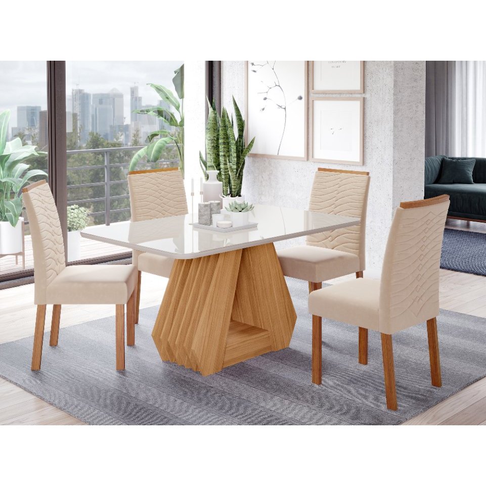 Conjunto Sala de Jantar Mesa Ágata 130x80cm Tampo Vidro/MDF com 4 Cadeiras Clarice Marrom/Nature/Off White/Nude