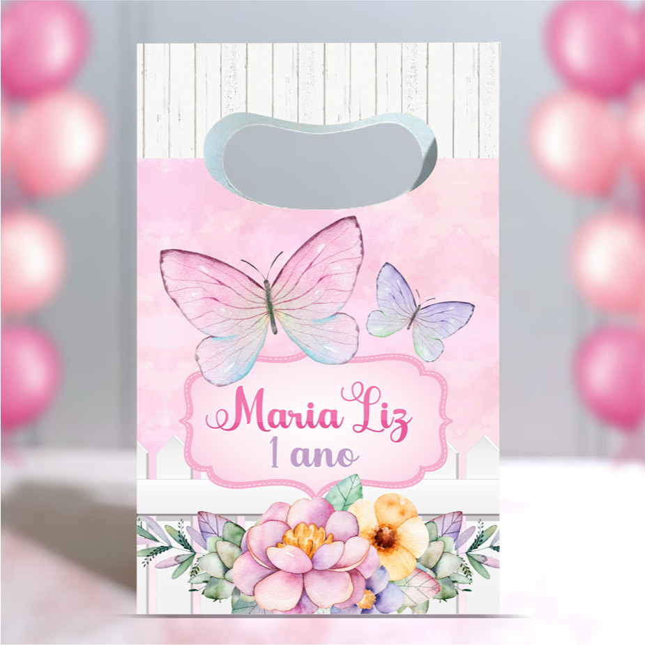 Sacolinha Personalizada Boca de Palhaço tema Jardim das Borboletas | Bolsinha|Sacola|Lembrancinha|Pegue e Monte