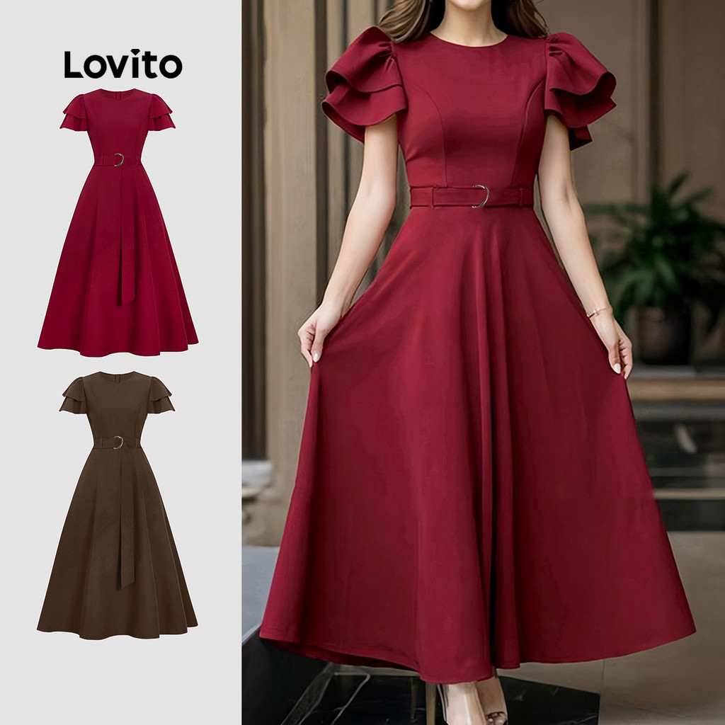 Lovito Elegante Vestido com Cinto de Dupla Camada Primavera/verão Vinho Tinto para mulheres L155ED434