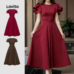 Lovito Babado Elegante Vestido com Cinto de Dupla Camada Primavera/verão Vinho Tinto para mulheres L155ED434